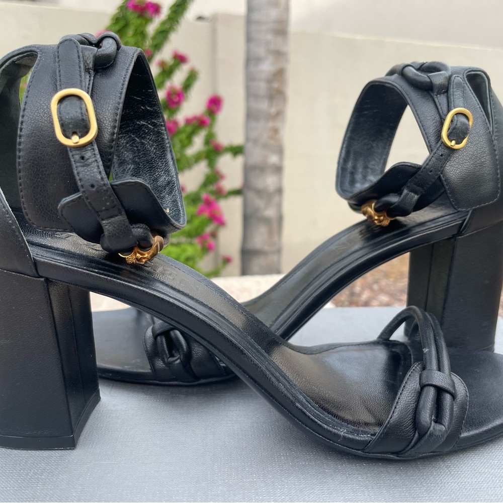 Alexander McQueen Black Block Heels with gold skull 💀 accent